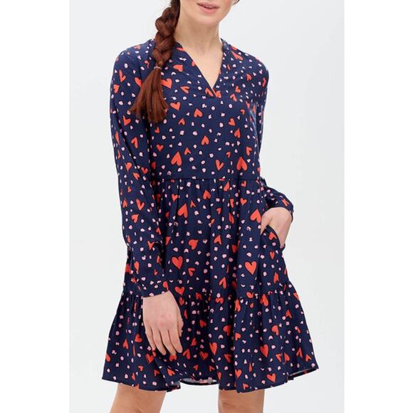 NWT SUGARHILL BRIGHTON Thea Smock Dress Navy Heart Leopard Sz 14 - Picture 1 of 10